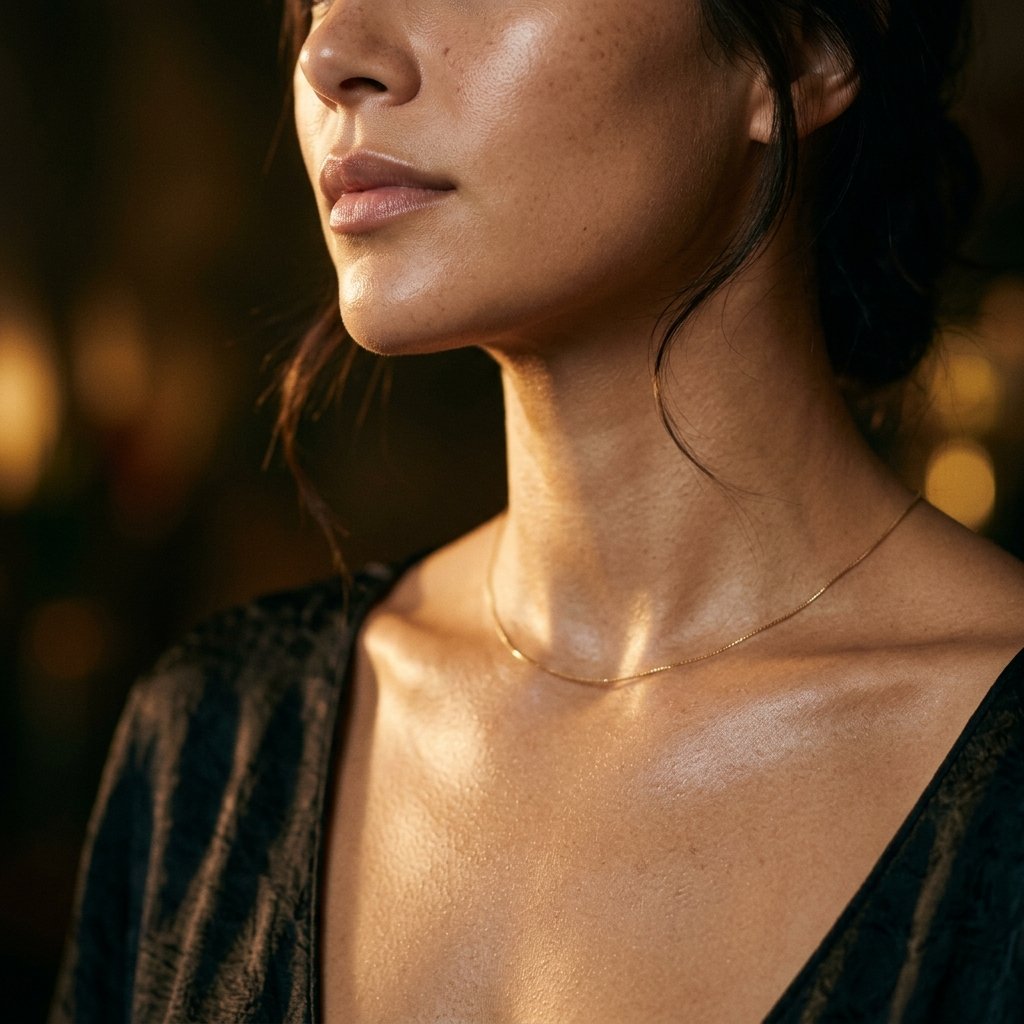 Radiant glowing skin with golden lighting — the result of a professional daily skincare routine