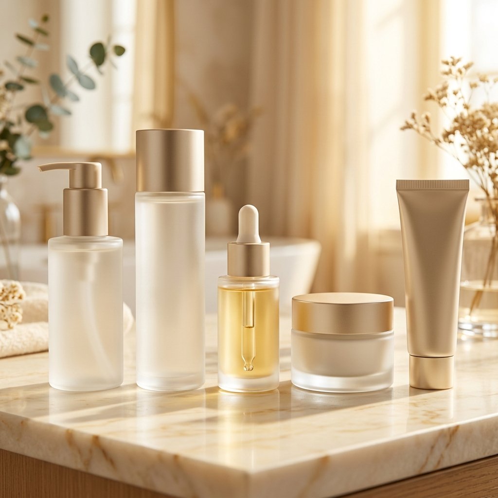 The Complete Daily Radiance System — 5-piece professional skincare regimen including cleanser, toner, serum, moisturizer, and SPF